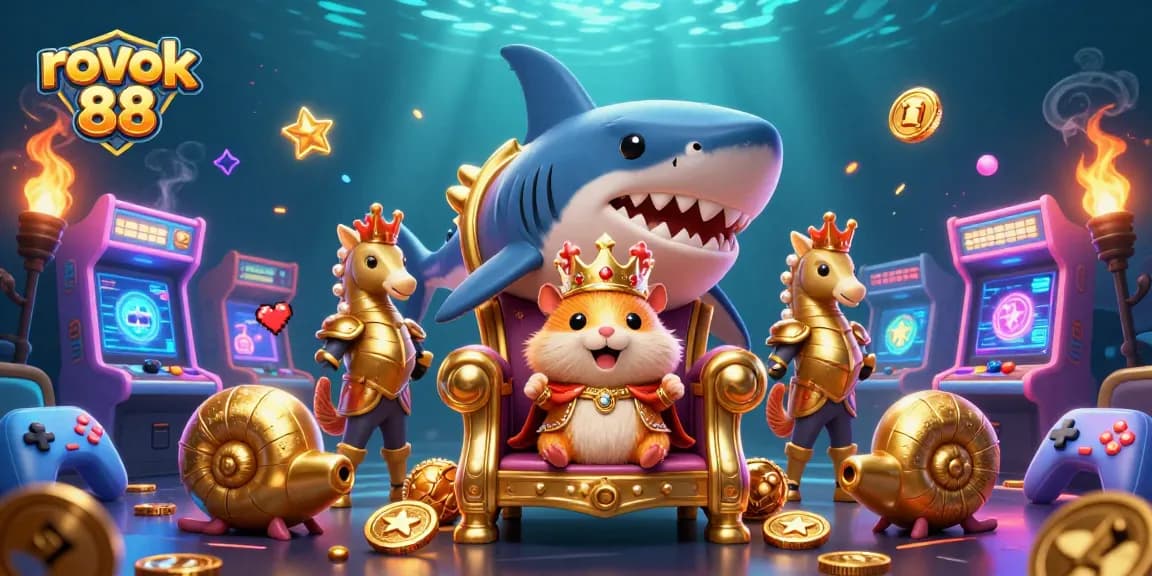 Experience excitement with rokok 88 as dynamic casino elements surround a golden hamster king in a vibrant digital illustration.