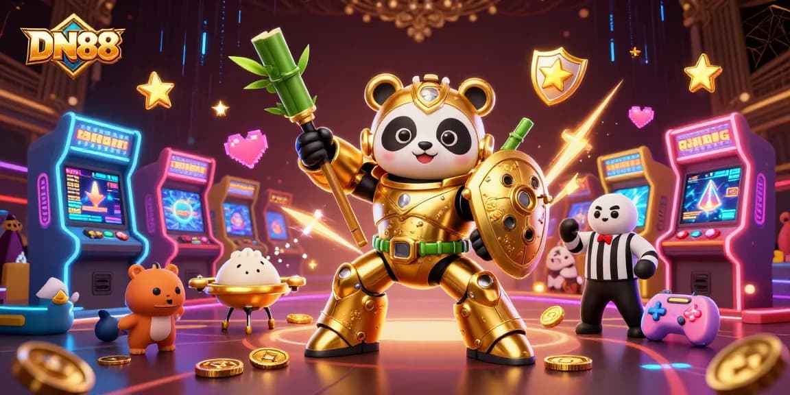 Engage with thrilling gameplay at DN88, featuring a dynamic mech-suit panda in a vibrant arcade scene.
