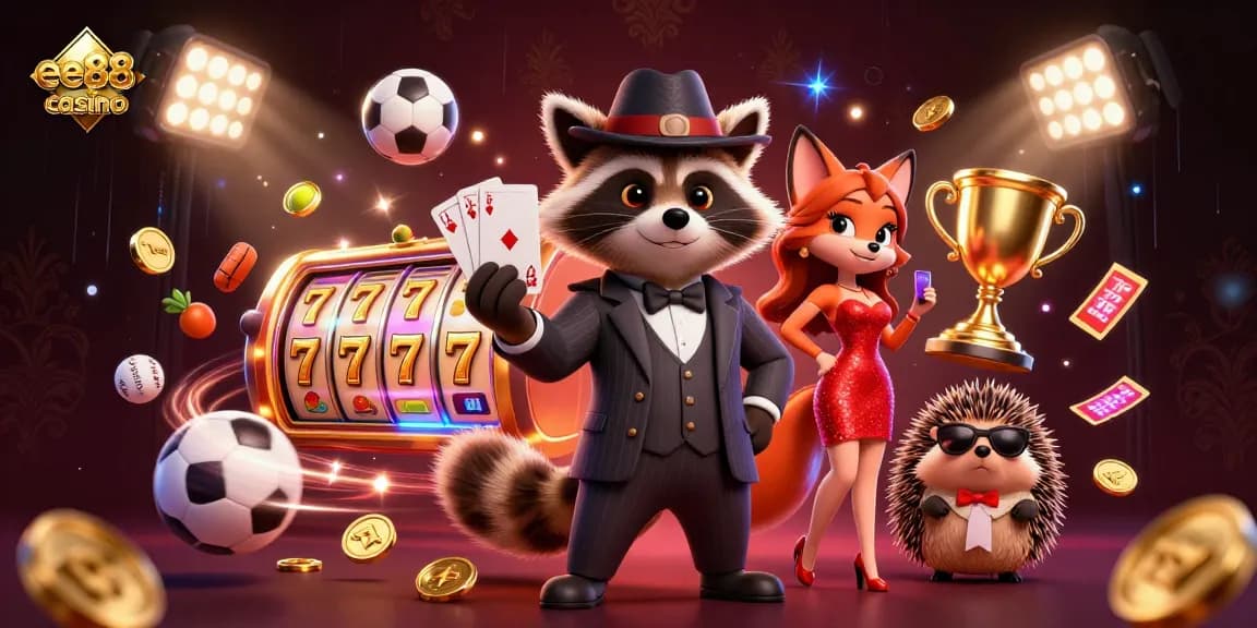 Experience gaming excitement at ee88 casino with a dynamic scene of characters and casino elements.