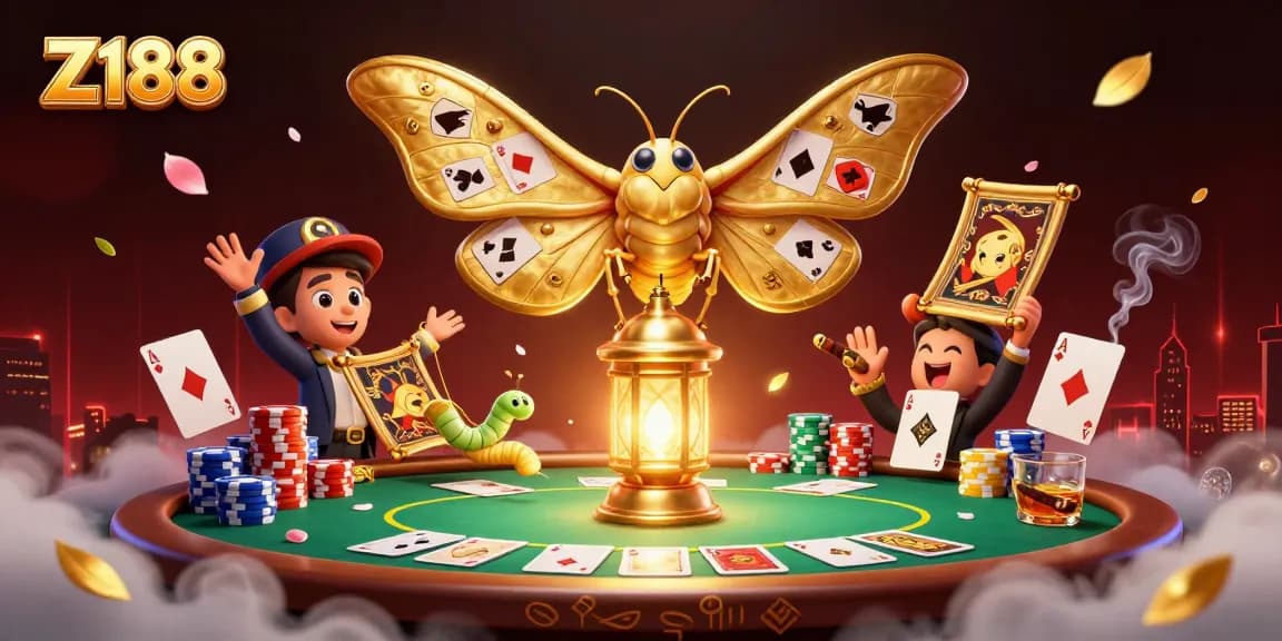 Z188 showcases thrilling casino action with a colorful poker scene, massive poker chips, and a card-playing moth.