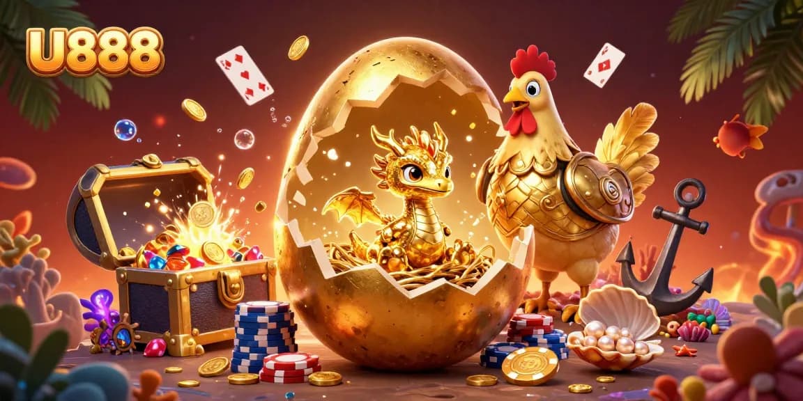 Experience the excitement of U888 with a golden dragon guarding poker chips amidst treasure and casino elements.