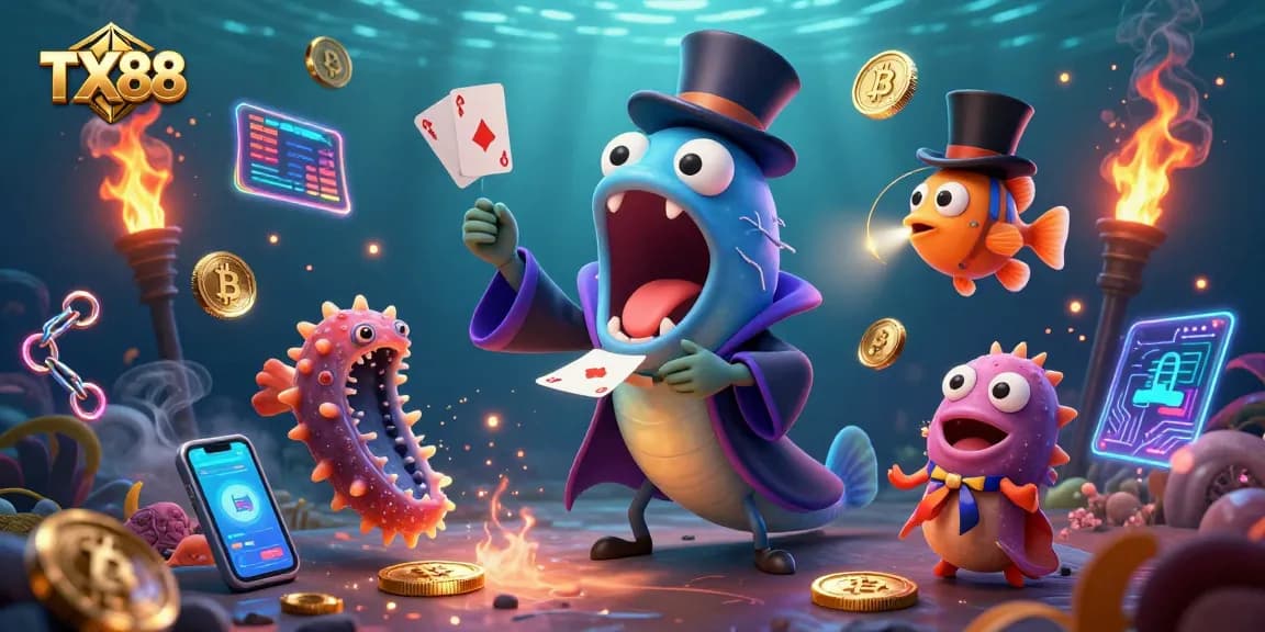 Engage with TX88's vibrant underwater casino magic featuring unique characters and crypto elements.