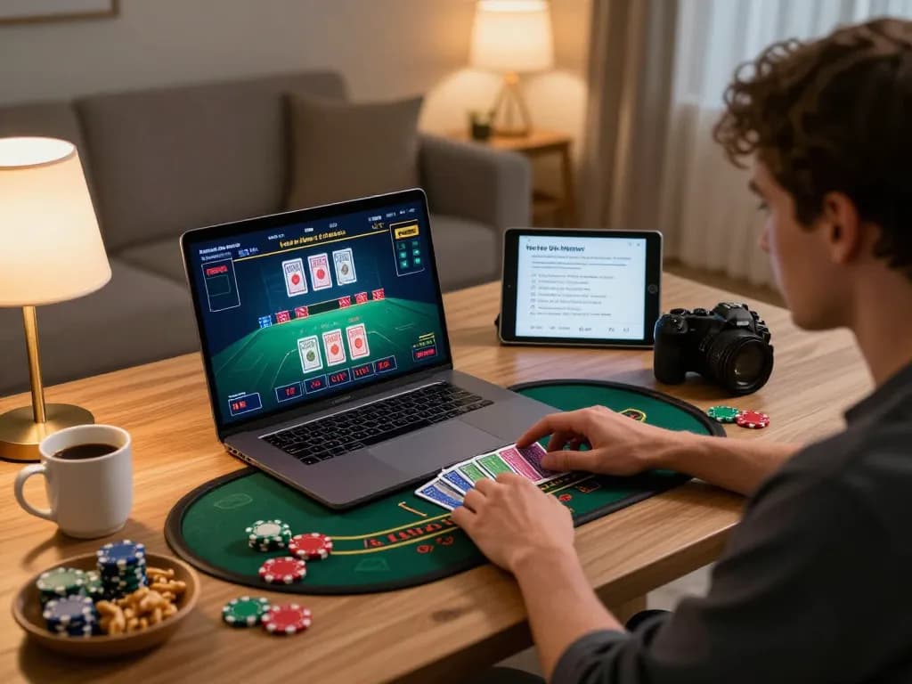 Player engaging in online casino gaming at home with lc88 interface on laptop, immersed in blackjack.