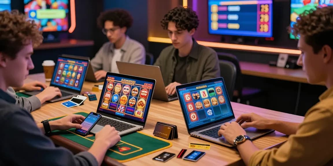 Exciting scene of credit card casinos UK with players engaging in online gaming, showcasing diverse games and payment options.