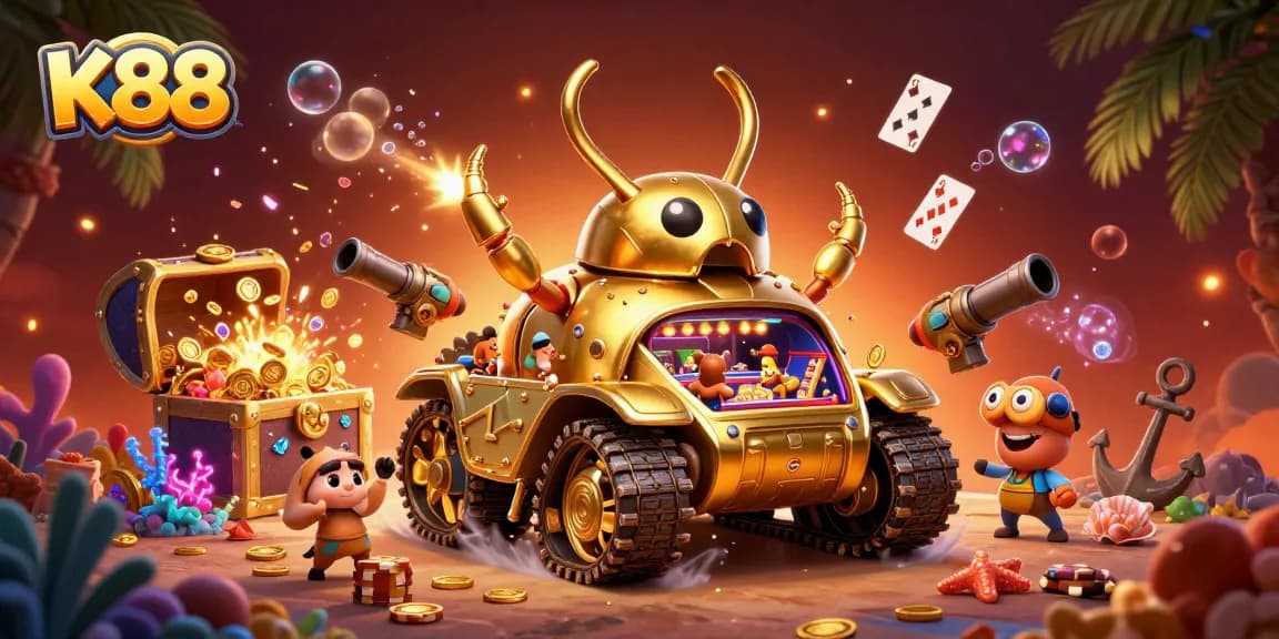K88 captures excitement with a vibrant casino scene inside a golden beetle tank, showcasing dynamic gameplay.