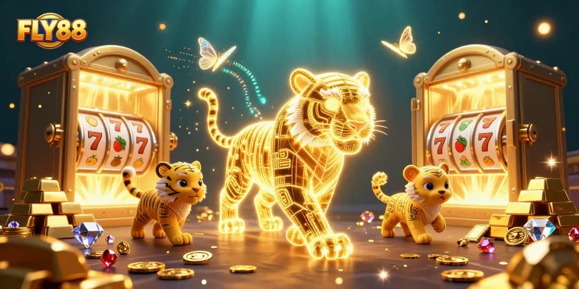 Experience FLY88's thrilling digital casino adventure with neon tigers and jackpot elements.