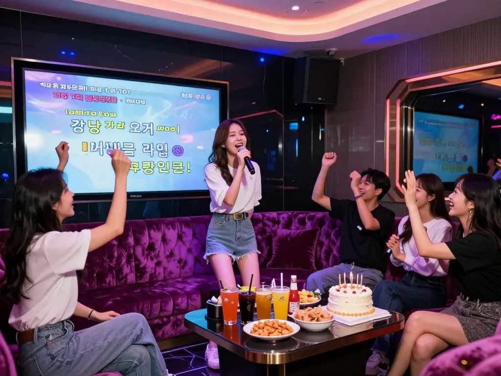 친구들과 함께 gangnamtune.com/perfect에서 화려한 조명과 흥미로운 분위기의 고급 노래방에서 축하하세요.