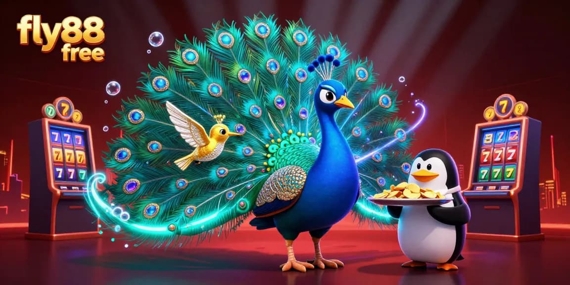 Fly88 free showcases an energetic casino scene with colorful slot reels and characters celebrating jackpot wins.
