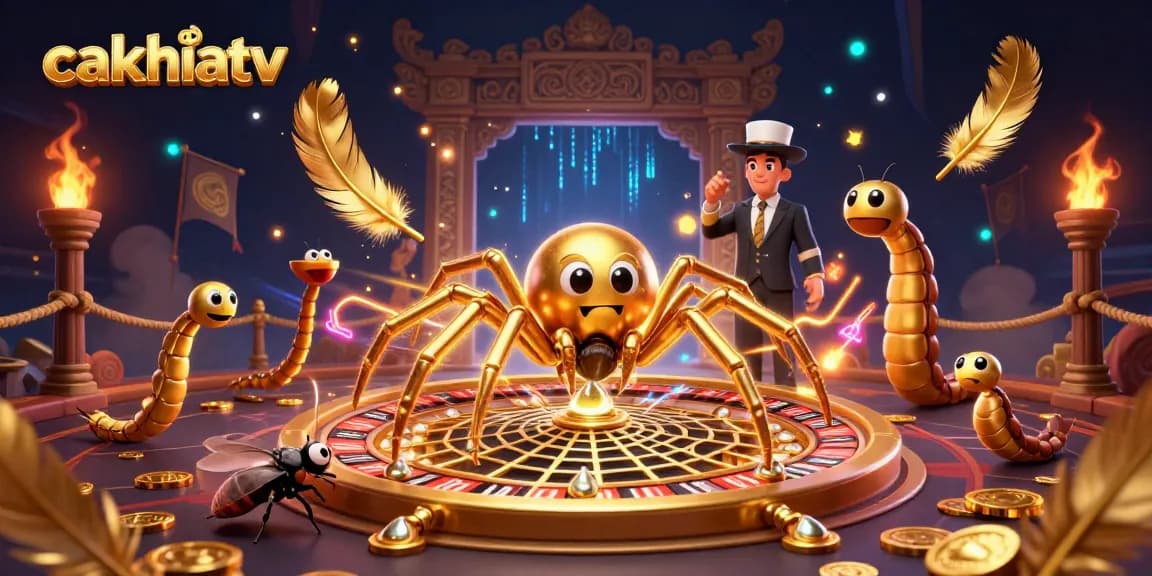 Cakhiatv showcases a golden spider and centipede croupier in a vibrant casino web scene.