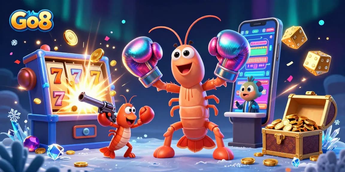 Go8 ignites excitement as animated characters celebrate over a jackpot explosion in this gaming scene.