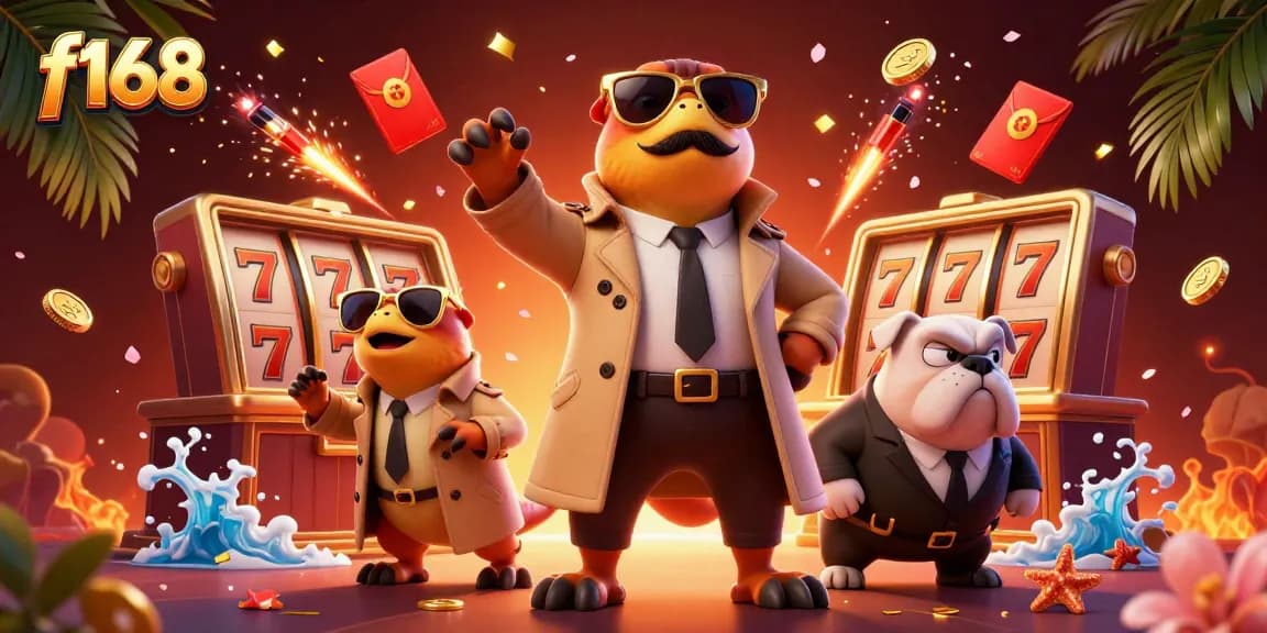 Players experiencing excitement at f168 casino with raptors disguised, colorful slot reels, and dynamic festive elements.