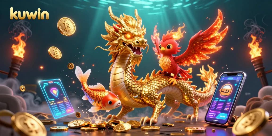 Engage with Kuwin's thrilling casino experience featuring vibrant characters, dynamic game elements, and glowing coins.