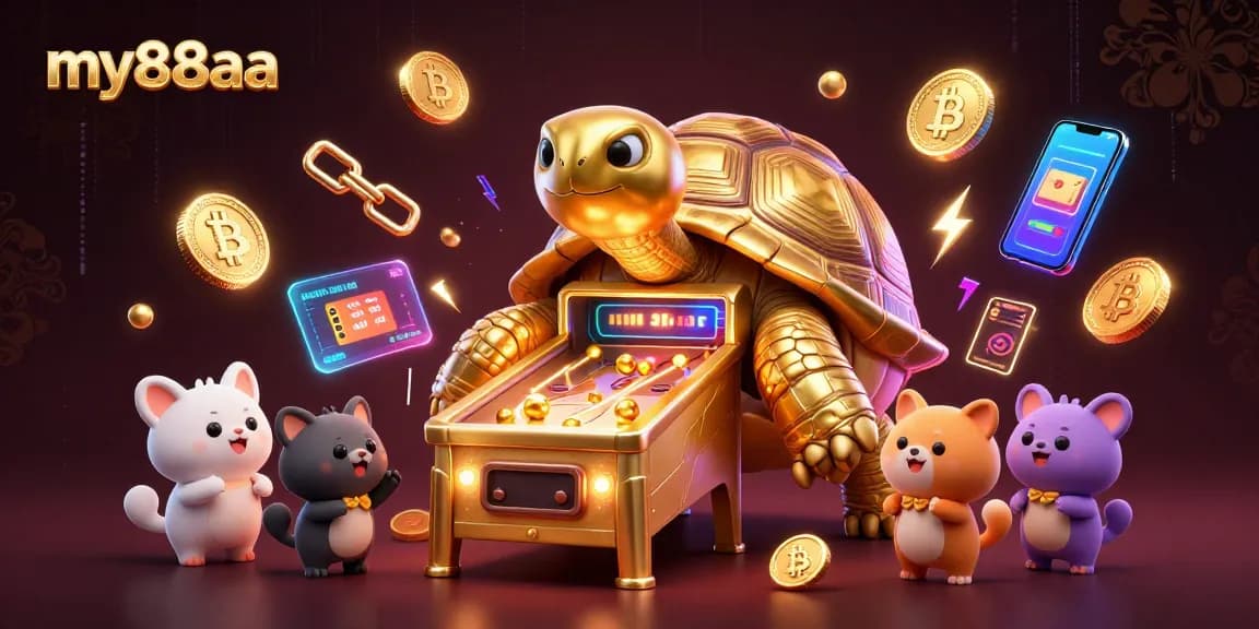 Experience excitement at my88aa with the golden tortoise pinball machine in a vibrant casino scene.