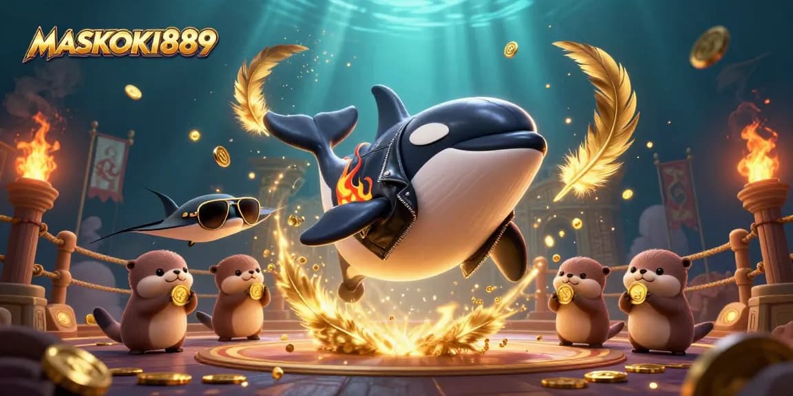 Engage in thrilling gambling adventures with MASKOKI889, featuring dynamic sea creatures and golden coins.
