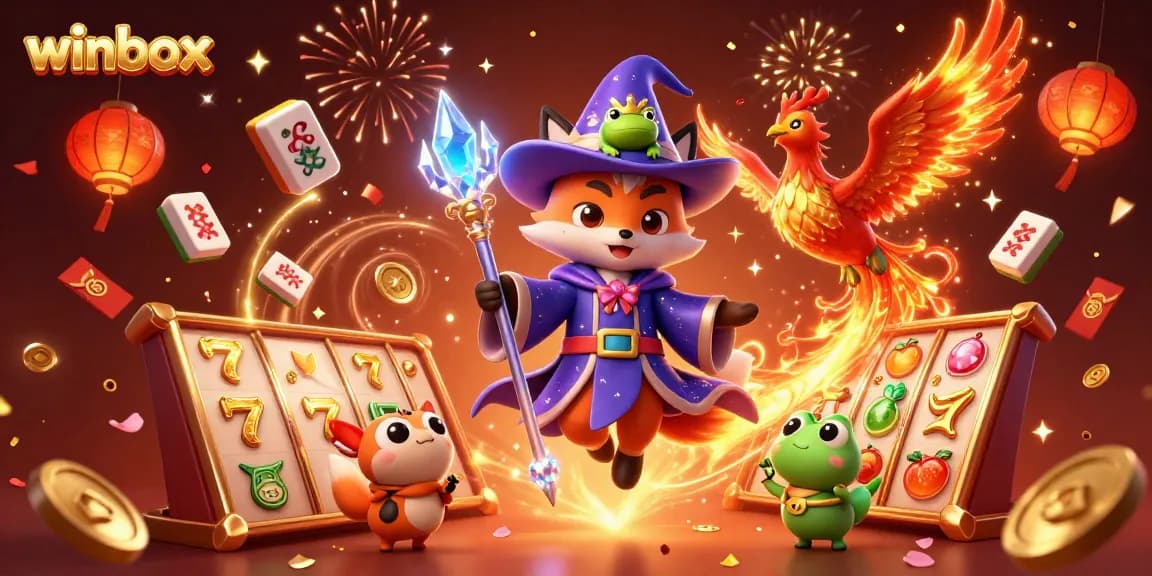 Experience thrilling wins with winbox, featuring an enchanting fox wizard, phoenix, and slot reels!