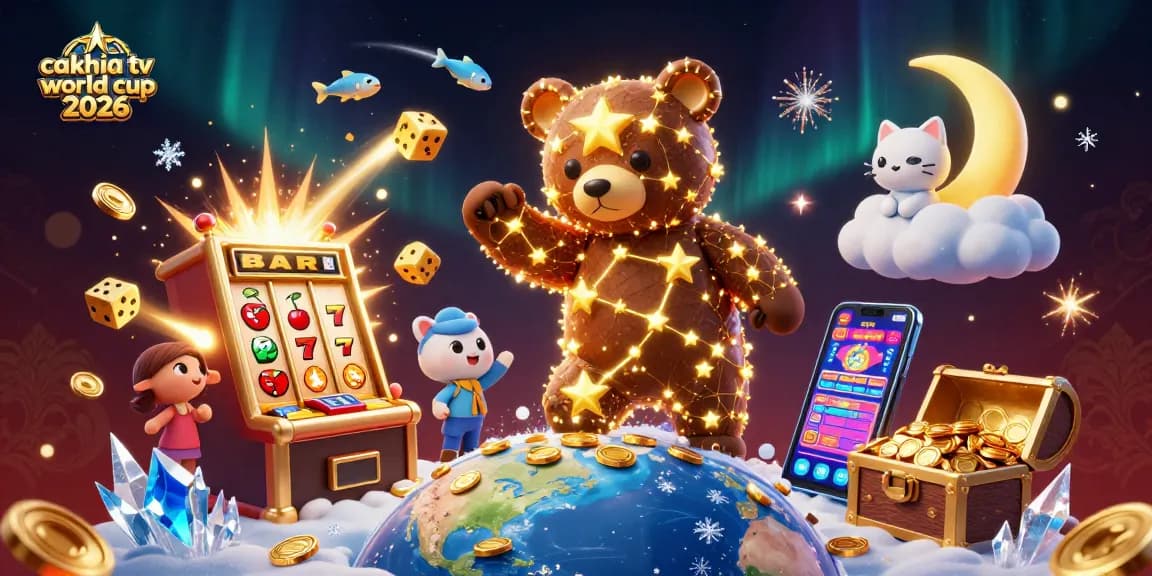 Cakhia TV World Cup 2026 showcases a vivid scene of winning casino adventures with a constellation bear and sports elements.