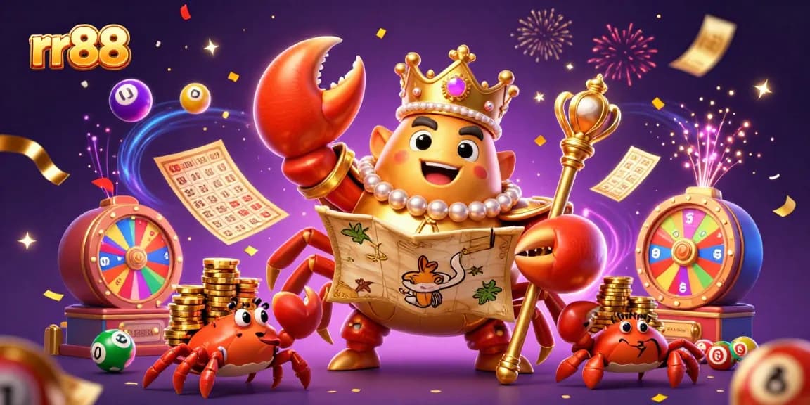 Experience thrilling games at rr88, featuring a golden crab emperor amidst vibrant casino elements.