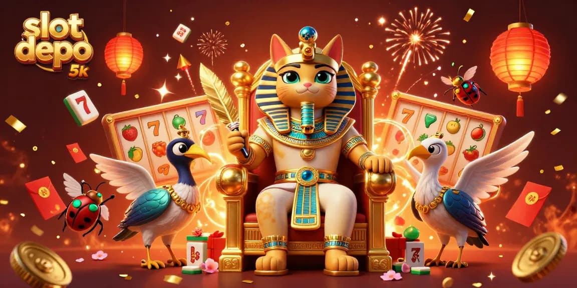 Engage with slot depo 5k exciting visuals featuring Egyptian pharaoh cat and dynamic casino elements.