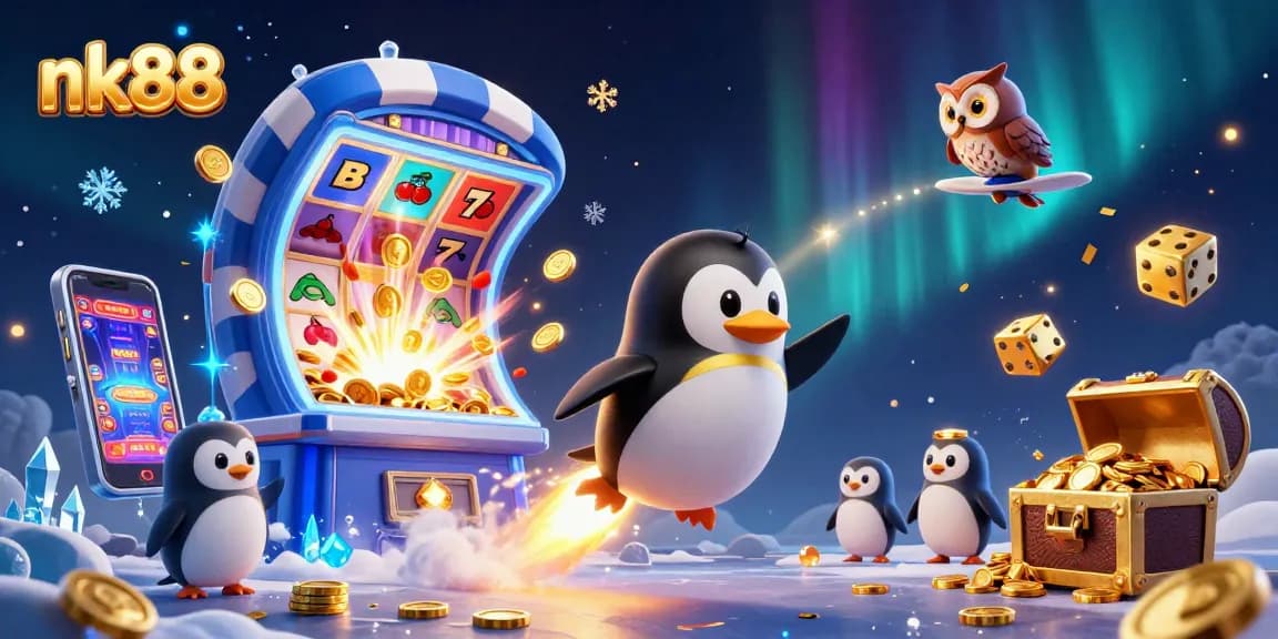 Experience stunning casino excitement with nk88 as a golden penguin blasts through space toward a poker chip station.