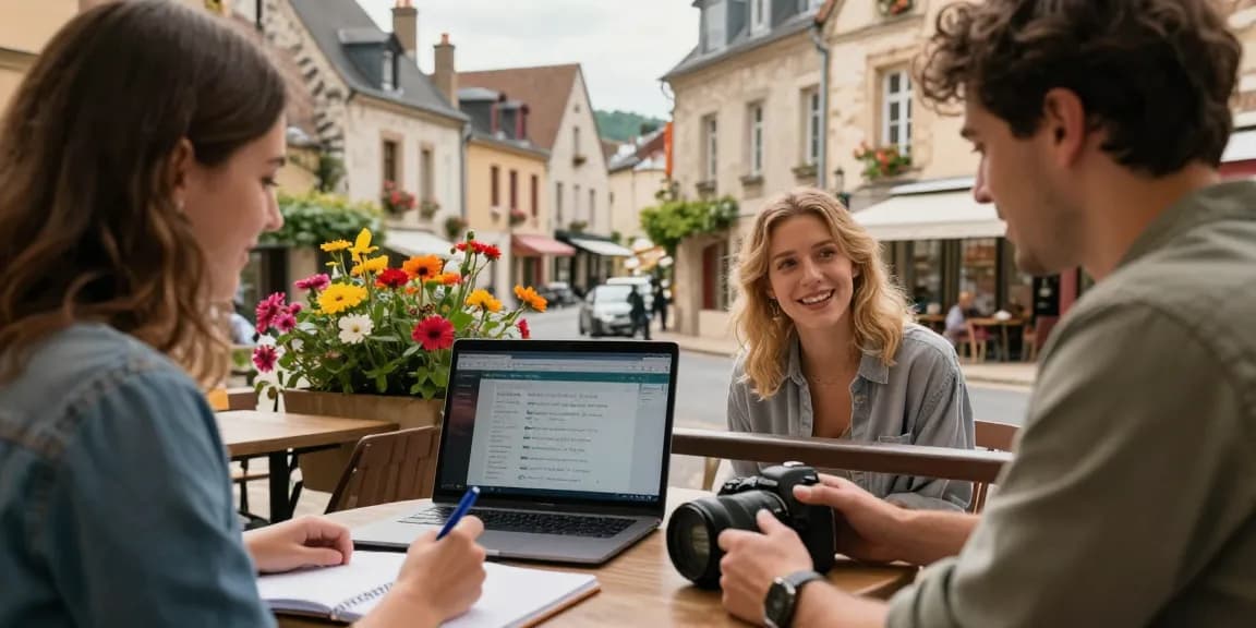 Cursos de francés inmersivos en Francia, estudiante interactuando con locales en un café, paisaje pintoresco que mejora la experiencia de aprendizaje del idioma.