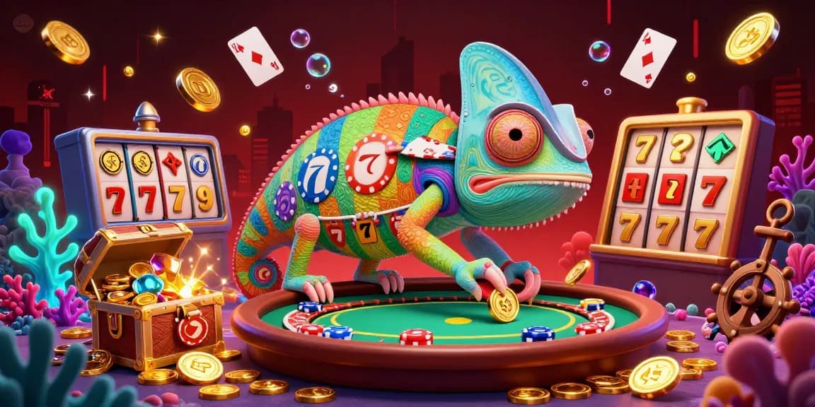 Experience the vibrant 58win casino world, featuring a colorful chameleon and dynamic slot elements.