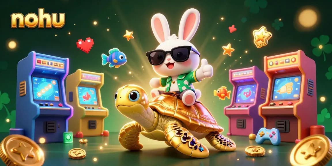Nohu showcases a lucky rabbit and sea turtle amidst vibrant casino elements in a playful 3D scene.