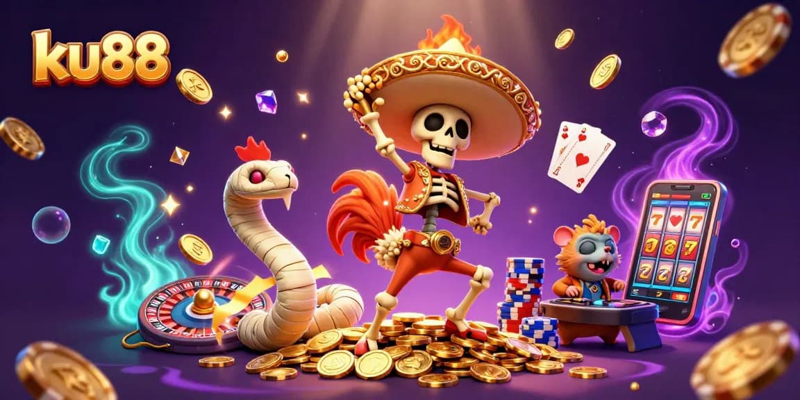 ku88 celebrates with a mariachi rooster, mummy snake, and DJ hamster amid winning casino action
