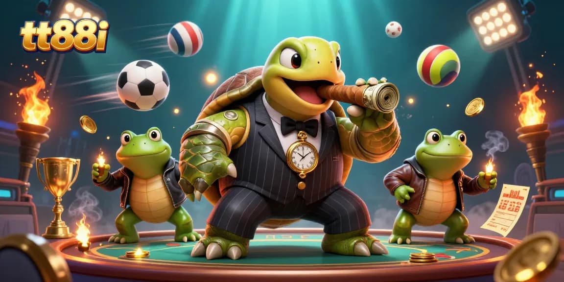 Join the thrilling adventure of tt88i with a dynamic casino scene featuring a cartoon turtle and frog enforcers.