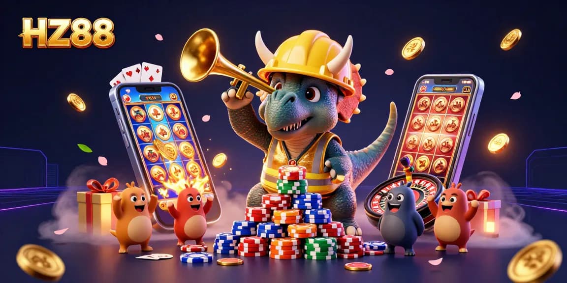 Join the fun with HZ88 as a triceratops builds poker chips, celebrating creativity and winnings.