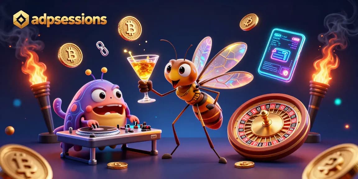 Experience winning moments with adpsessions in a vibrant casino scene featuring animated mascots and crypto elements.