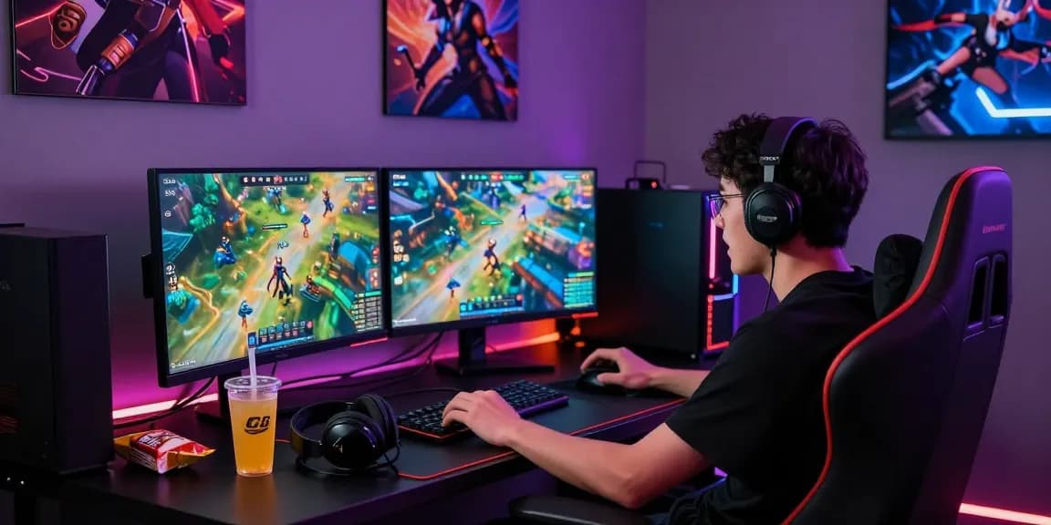 Exciting gaming setup showcasing qs88 gaming platform with dual monitors and vibrant graphics.