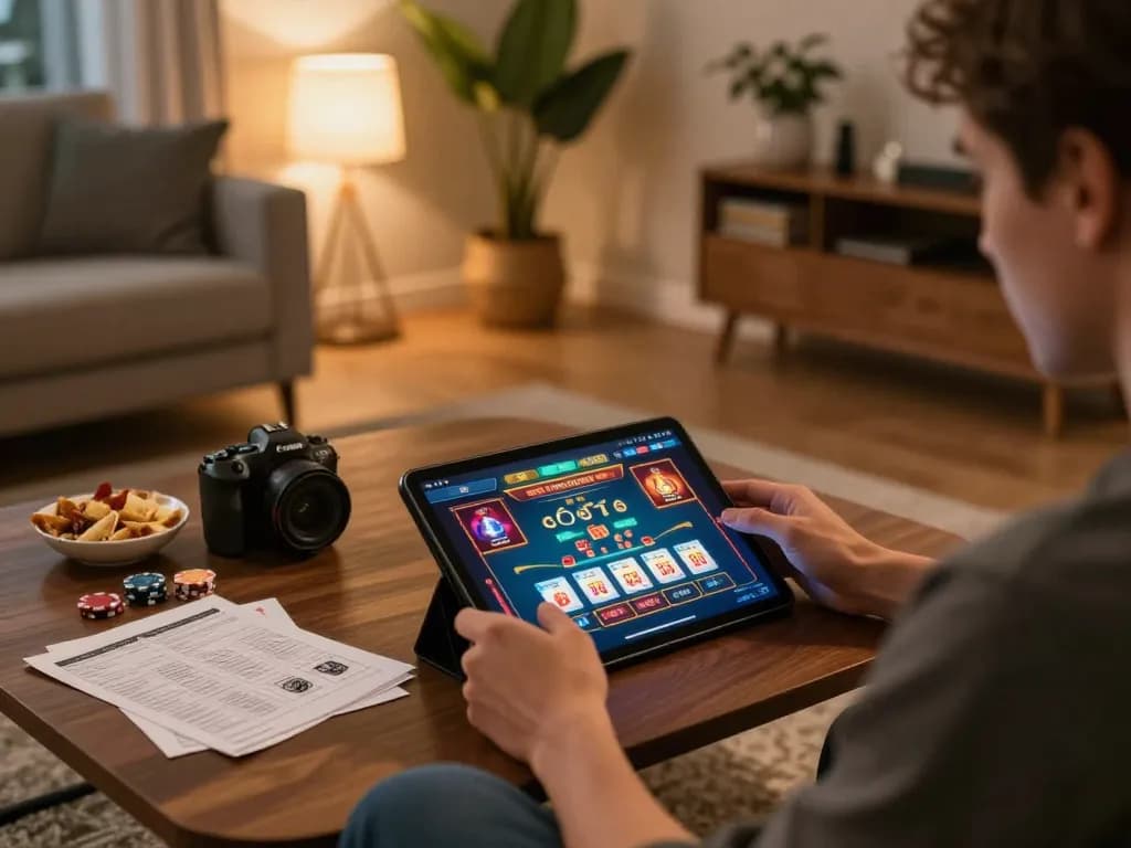 Participer à des jeux de casino sans KYC crypto sur une tablette dans un environnement domestique confortable, axé sur la stratégie et le plaisir.