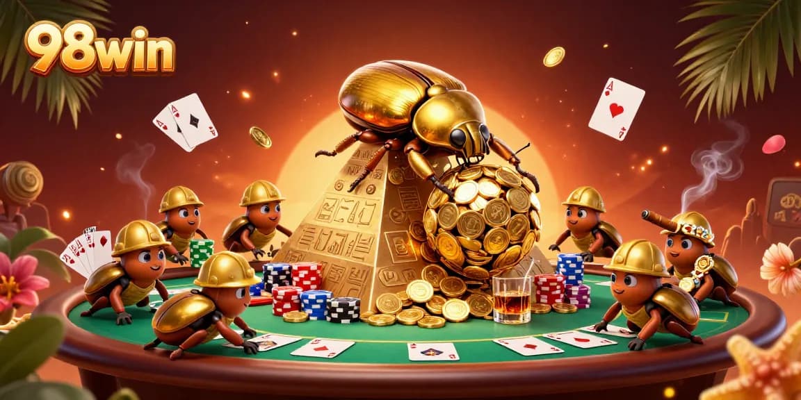 Experience the excitement of 98win as golden beetles celebrate casino riches in a vivid, dynamic scene.