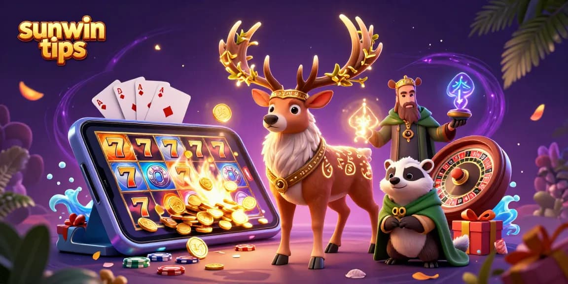 Experience sunwin tips with an engaging 3D casino illustration showcasing vibrant slot game action.
