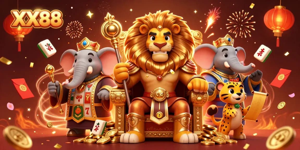 Experience dynamic XX88 gaming action with fierce lion king and vibrant slot elements.