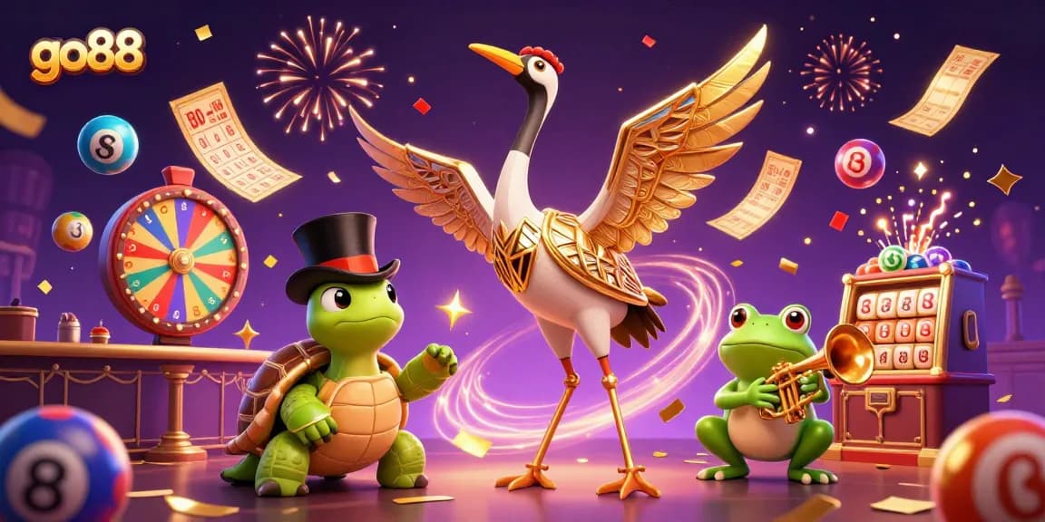 Win prizes at go88 with vibrant casino characters surrounded by dynamic lottery elements.