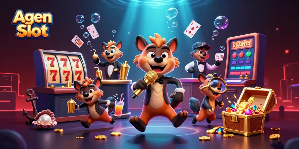 Agen Slot scene with lively hyenas in a casino club, featuring vibrant slot machines and floating playing cards.