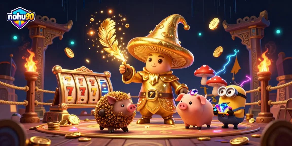 Nohu90's magical gameplay experience showcasing a golden wizard and treasure-filled betting tokens.