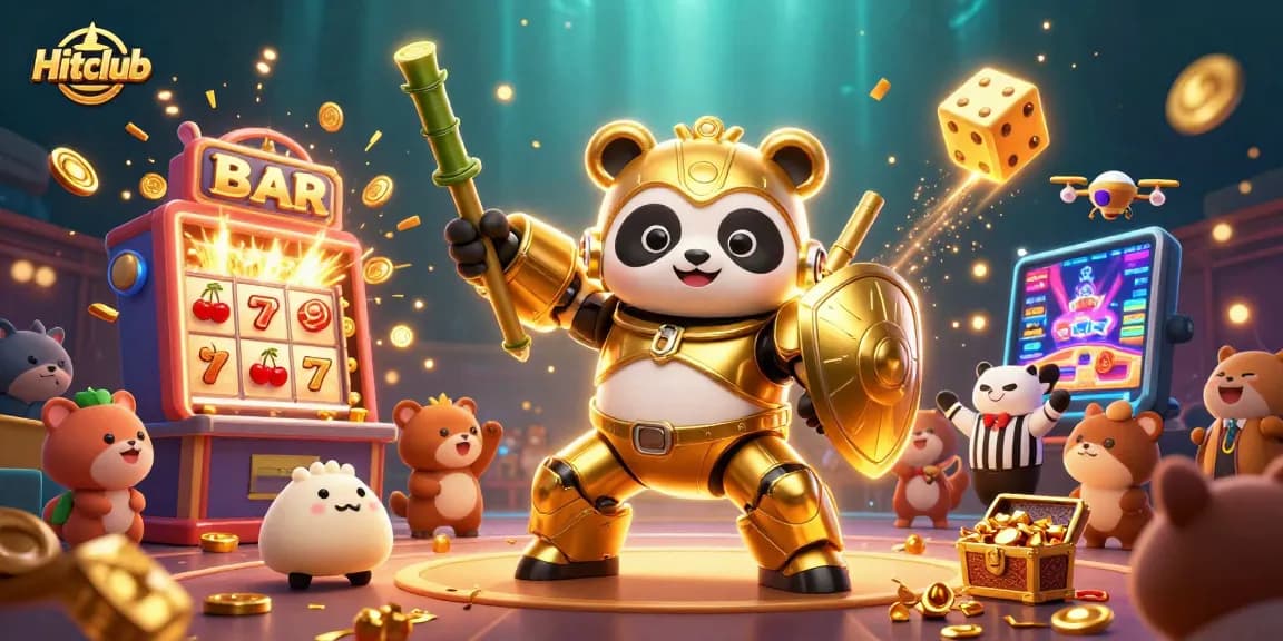 Hitclub features a golden panda piloting a robot in a vibrant casino scene with jackpots exploding.