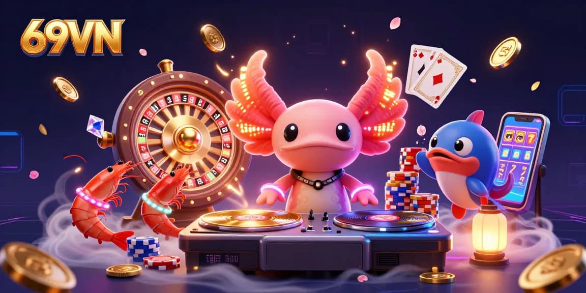 Experience exciting gaming at 69VN with vibrant characters, spinning wheels, and golden treasures in a dynamic casino scene.