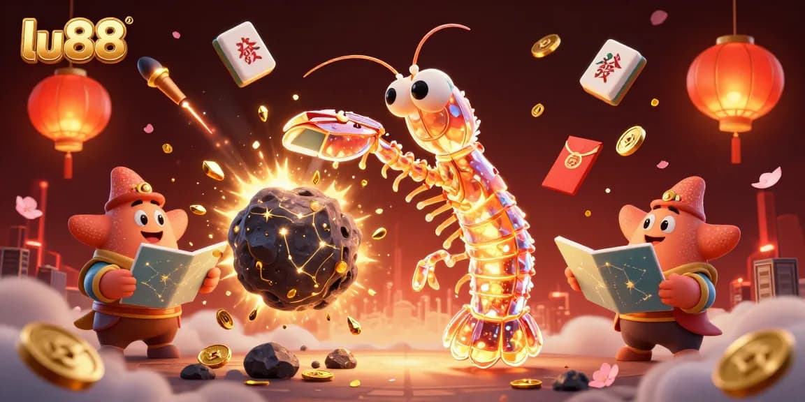 lu88 cosmic illustration with mantis shrimp and starfish among vivid gambling elements.