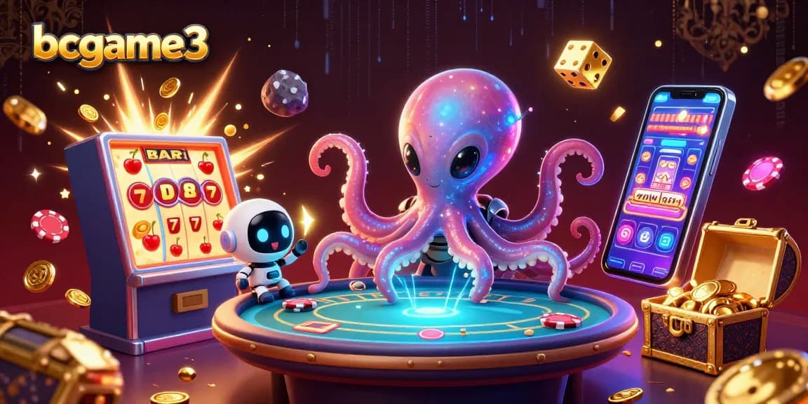 Taruhan menarik dengan bcgame3, karakter luar angkasa dan chip poker berputar di sekitarnya.