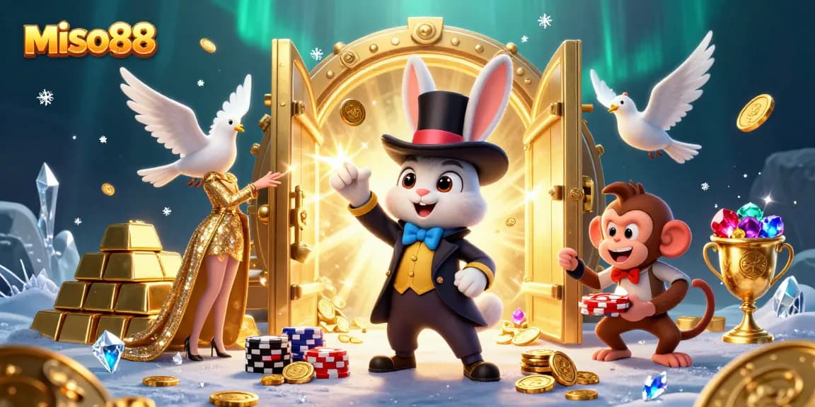 Miso88 players experiencing a vibrant online casino adventure with a magical rabbit, glittering coins, and exciting gaming dynamics.