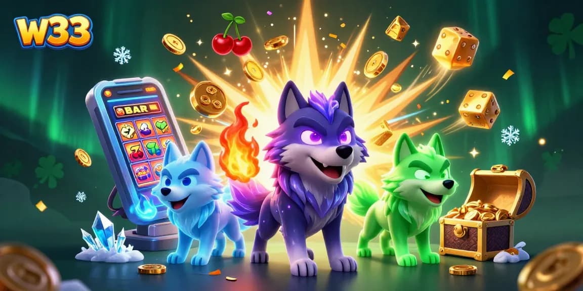 w33 players enjoy a thrilling jackpot explosion with slot machines, vibrant wolf characters, and exciting casino elements.