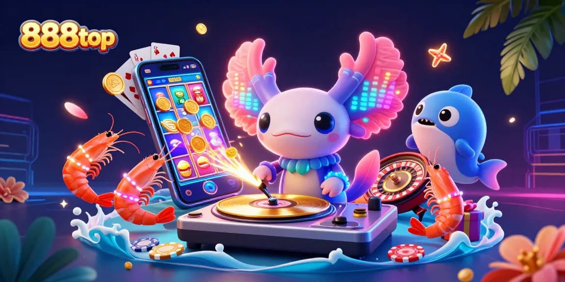 Experience the vibrant energy of 888top with a colorful underwater casino party featuring lively characters and dynamic game elements.