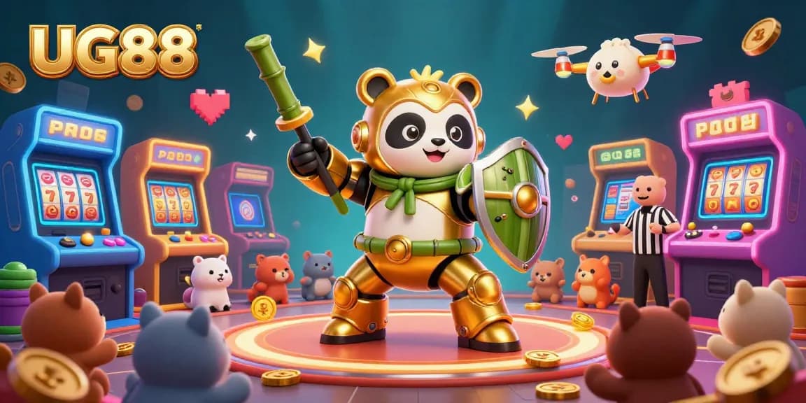 Experience stunning gameplay at UG88 with a golden panda battling in a vibrant casino arena.