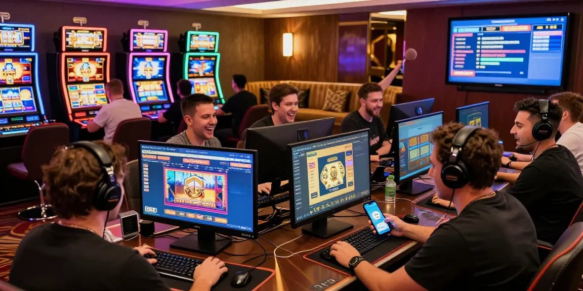 Players enjoying various games at non UK casinos not on Gamstop, showcasing vibrant atmosphere and modern gaming