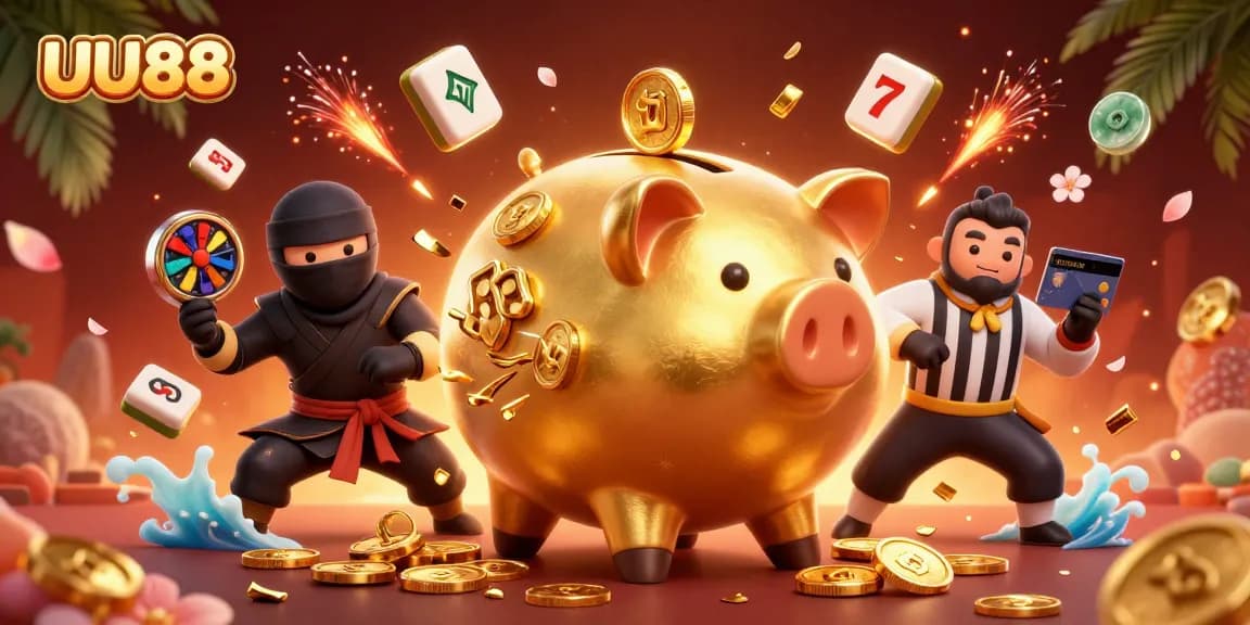 Play and win at UU88 with thrilling slot games featuring golden piggy bank and dynamic characters.