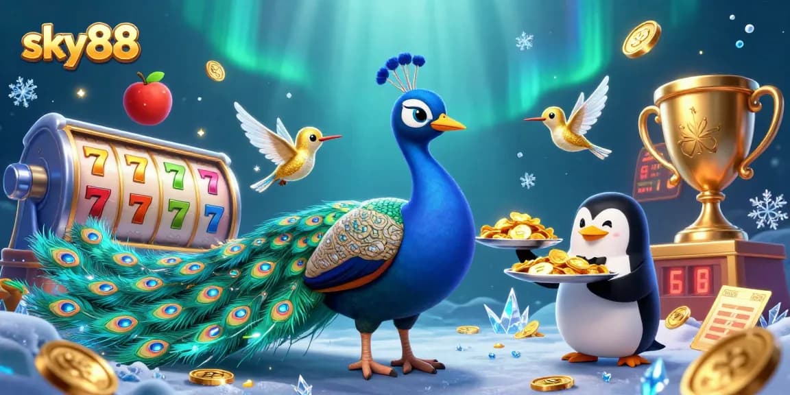 Win big at sky88 with a vibrant 3D casino-themed illustration featuring majestic characters and slot elements.