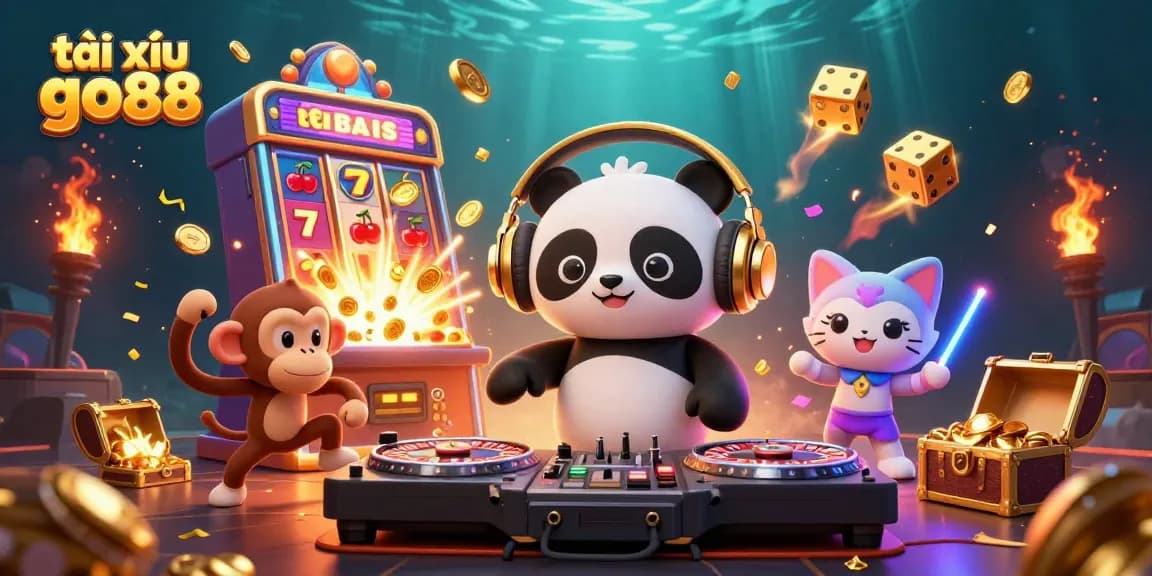 Engage in the thrilling tài xỉu go88 experience with DJ panda, dancing monkey, and glowing kitten amidst vibrant casino elements.